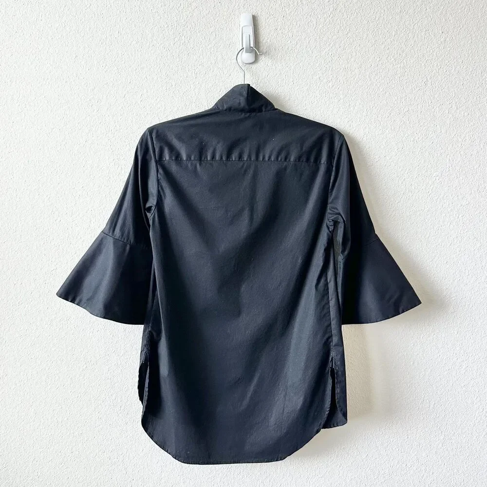 Palmer Harding Black Stretch Cotton V-neck Blouse Tie Neck Bell Sleeve Sz 0/2_5